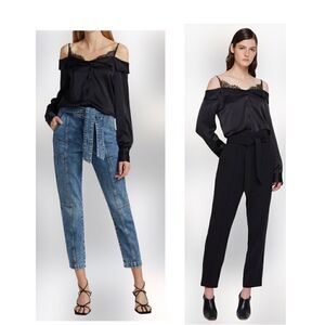 JONATHAN SIMKHAI Caylee Silk Lace Plisse Off Shoulder  Button Down Blouse Top